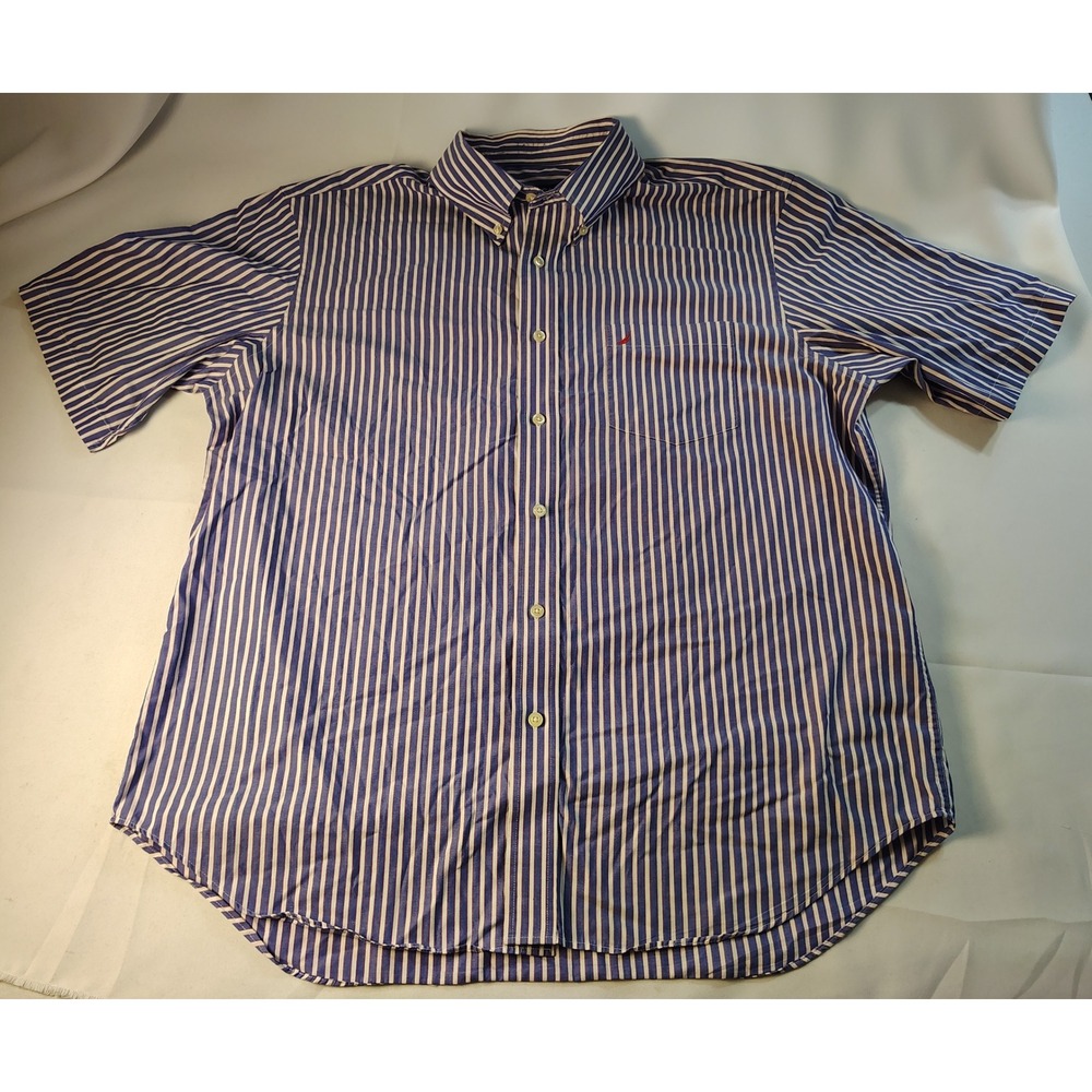 Nautica Mens XL Blue White Striped Short Sleeve Button Down Shirt Classic Fit